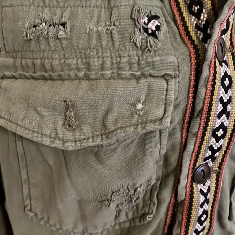 Free People Distressed Green Embroidered Detailing Boho Gray Hoodie Crop Jacket - Picture 7 of 12